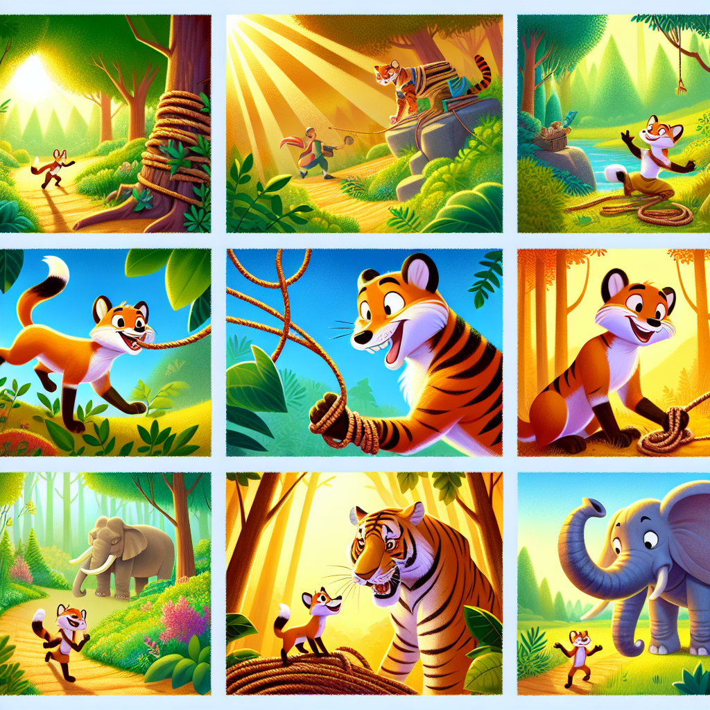 Colorful cartoon storyboard showing 8 key scenes from The Jackal and the Tiger