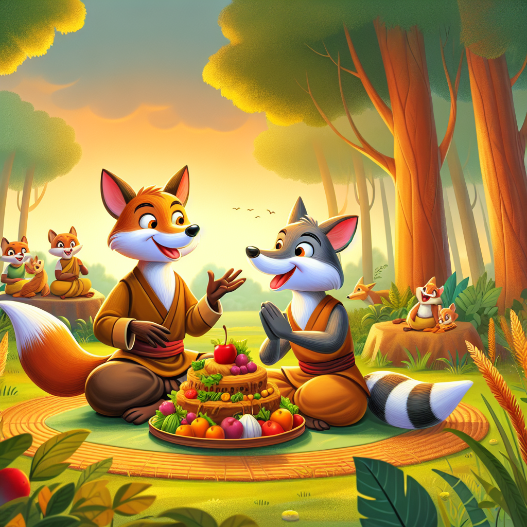 Colorful children's illustration for the story: The Jackal and the Elephant