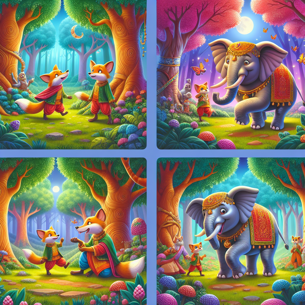 Colorful cartoon storyboard showing 8 key scenes from The Jackal and the Elephant