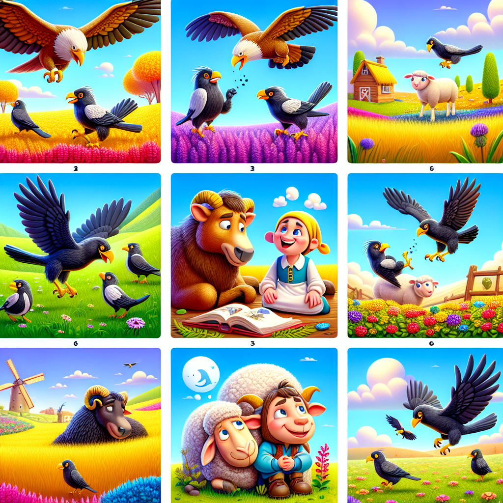 Colorful cartoon storyboard showing 8 key scenes from The Jackdaw and the Eagle