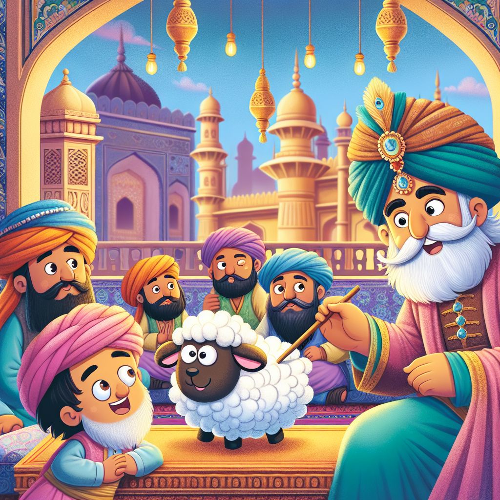 Colorful children's illustration for the story: Birbal's Three Questions