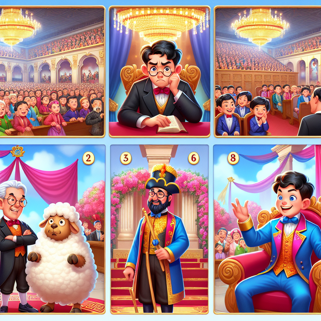 Colorful cartoon storyboard showing 8 key scenes from Birbal's Three Questions