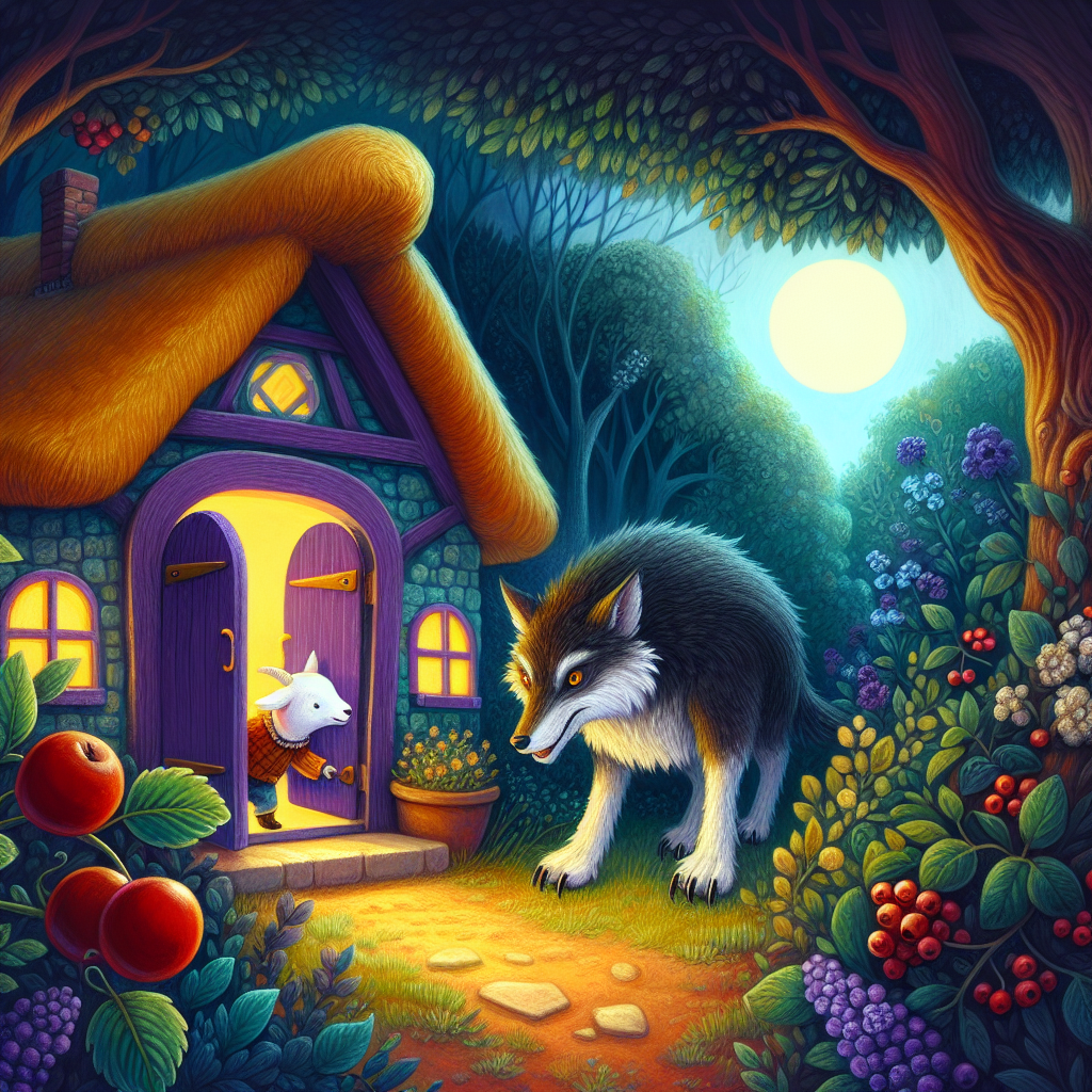 Colorful children's illustration for the story: The Wolf and the Kid