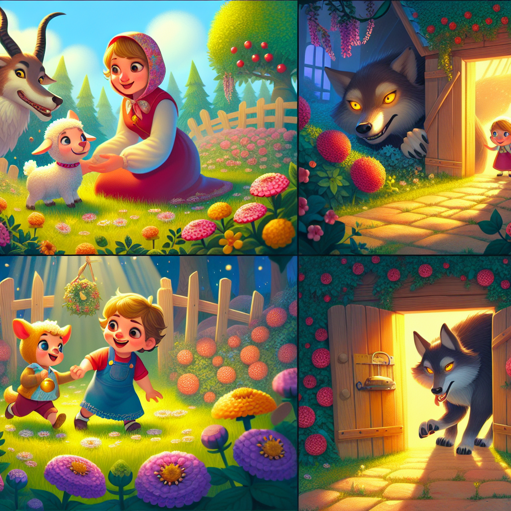 Colorful cartoon storyboard showing 8 key scenes from The Wolf and the Kid