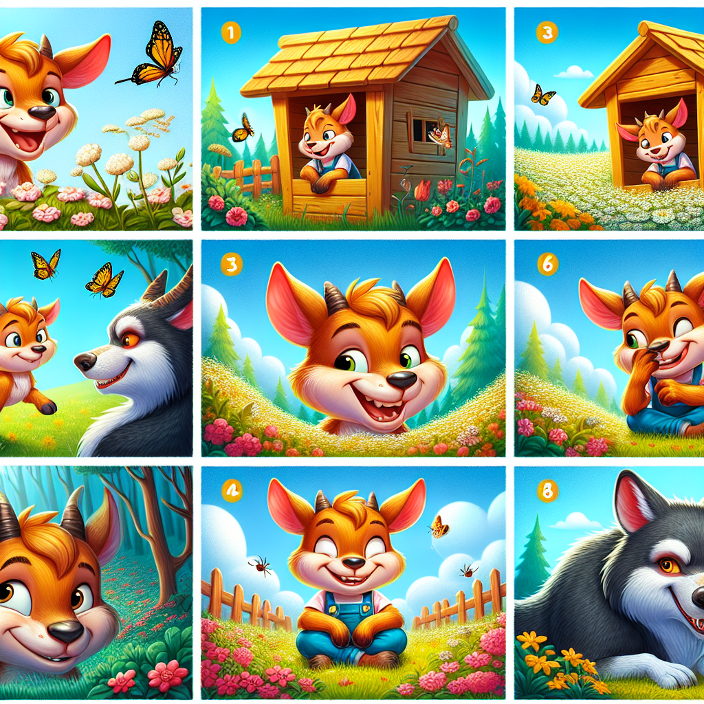 Colorful cartoon storyboard showing 8 key scenes from The Kid and the Wolf
