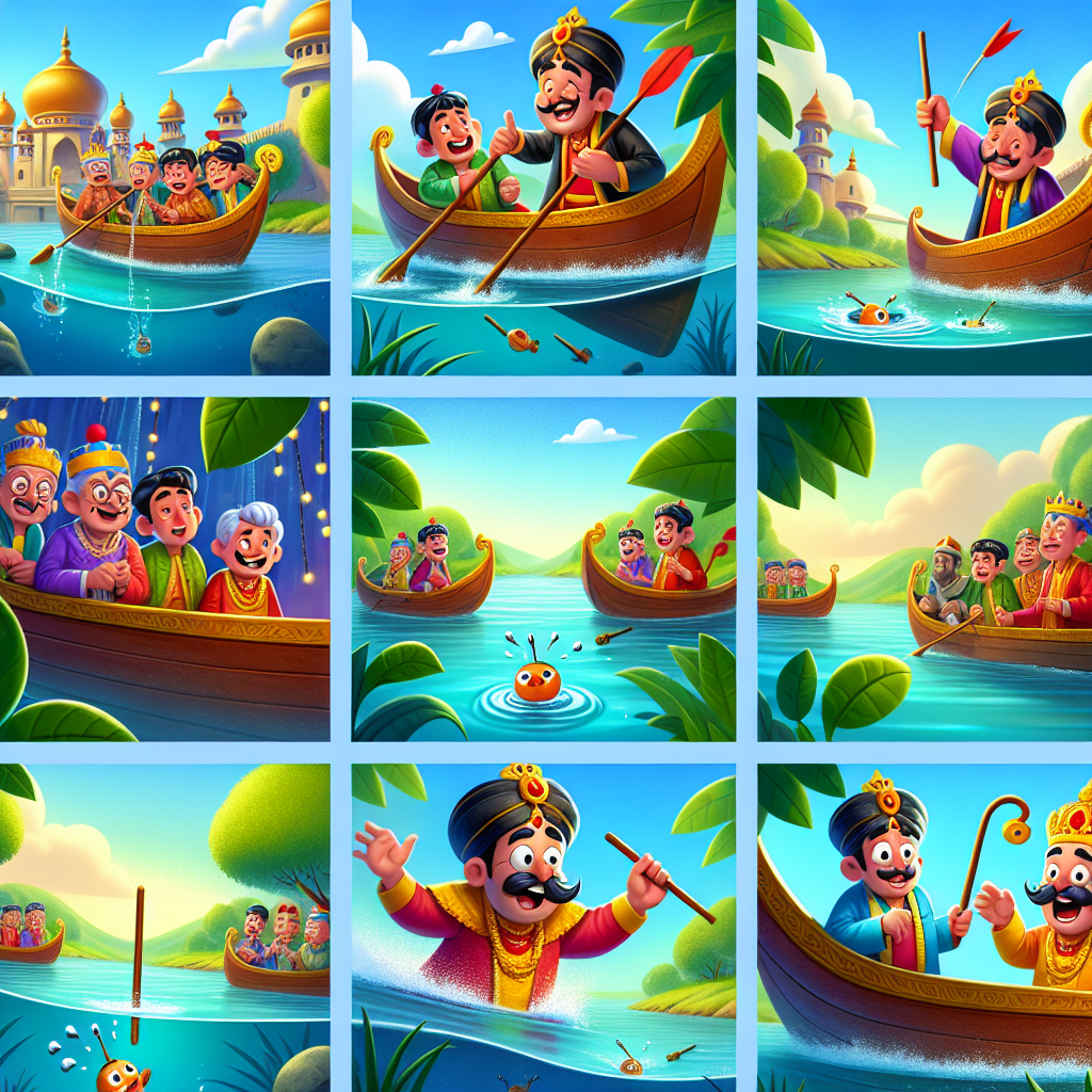Colorful cartoon storyboard showing 8 key scenes from The Stick That Crowned a King