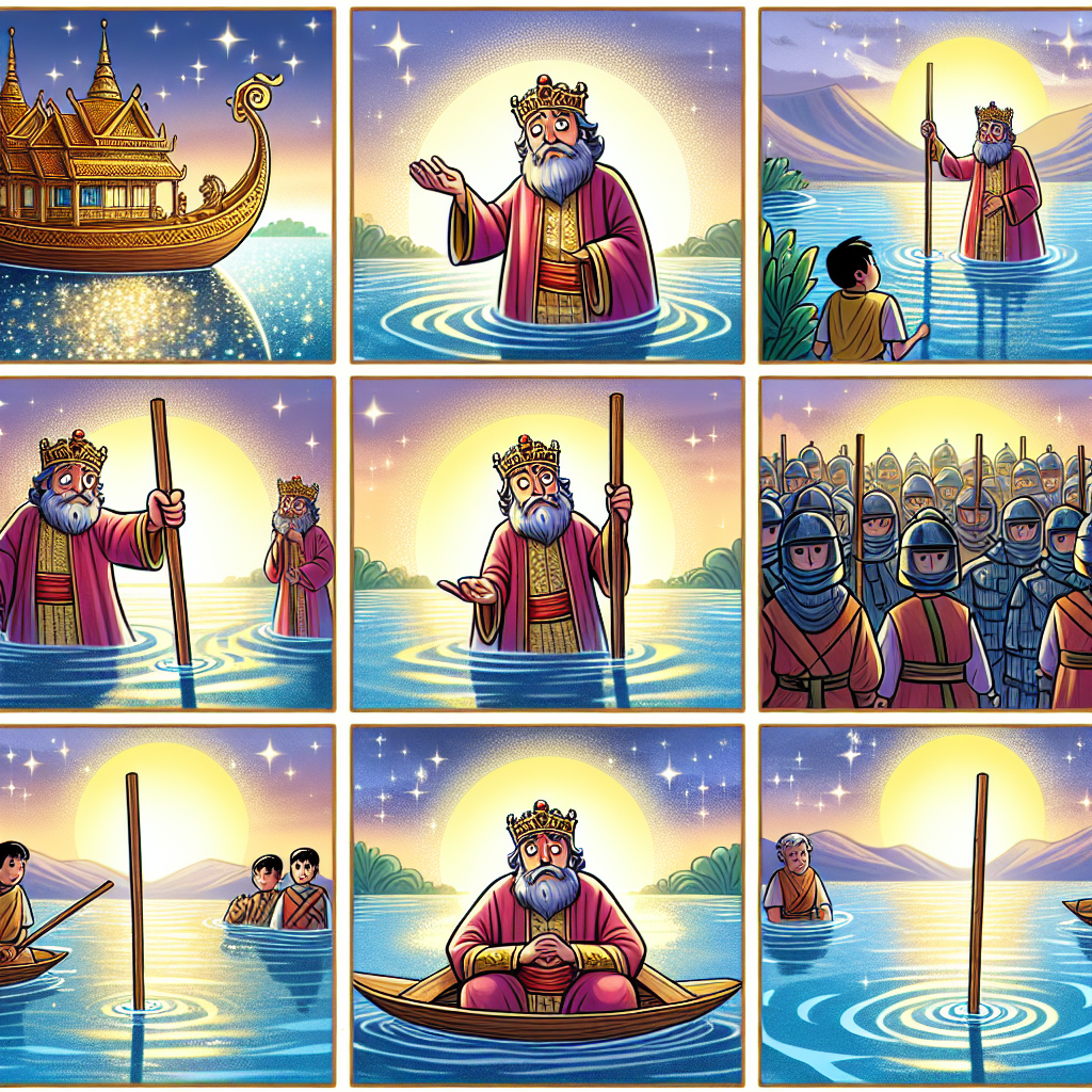 Colorful cartoon storyboard showing 8 key scenes from The Stick That Crossed the River