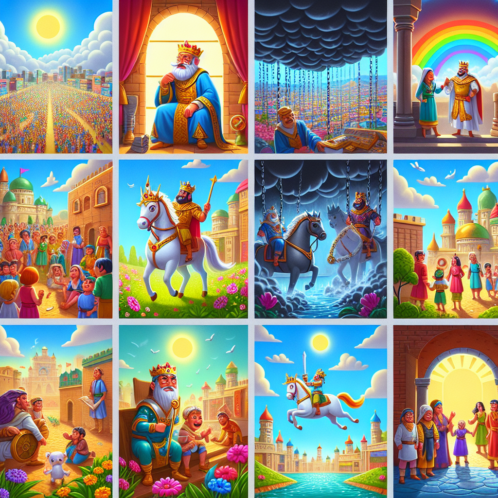 Colorful cartoon storyboard showing 8 key scenes from The King Who Forgave His Enemies
