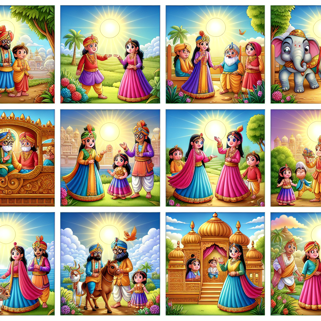 Colorful cartoon storyboard showing 8 key scenes from The King and the Ghost