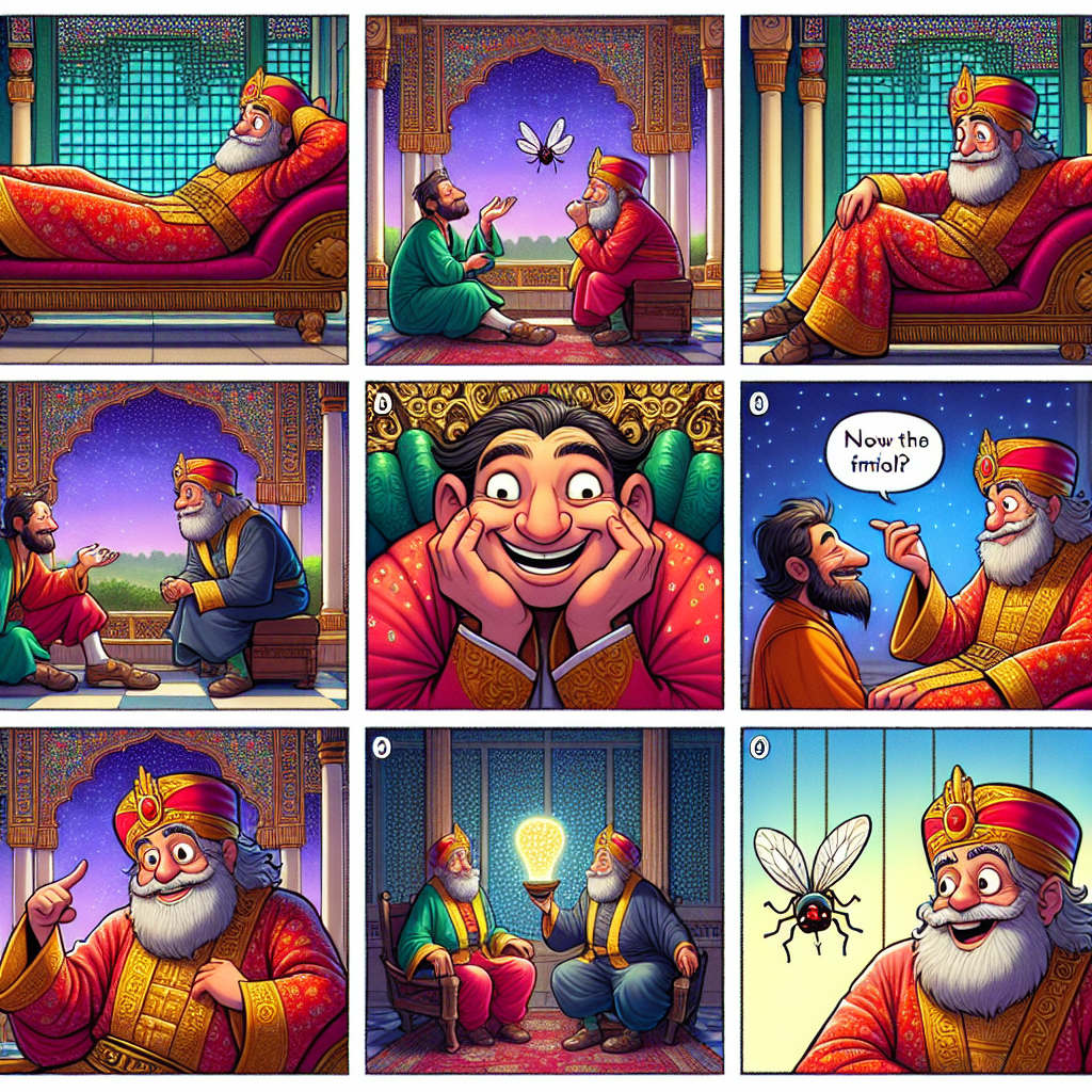 Colorful cartoon storyboard showing 8 key scenes from The King Who Wished for Immortality