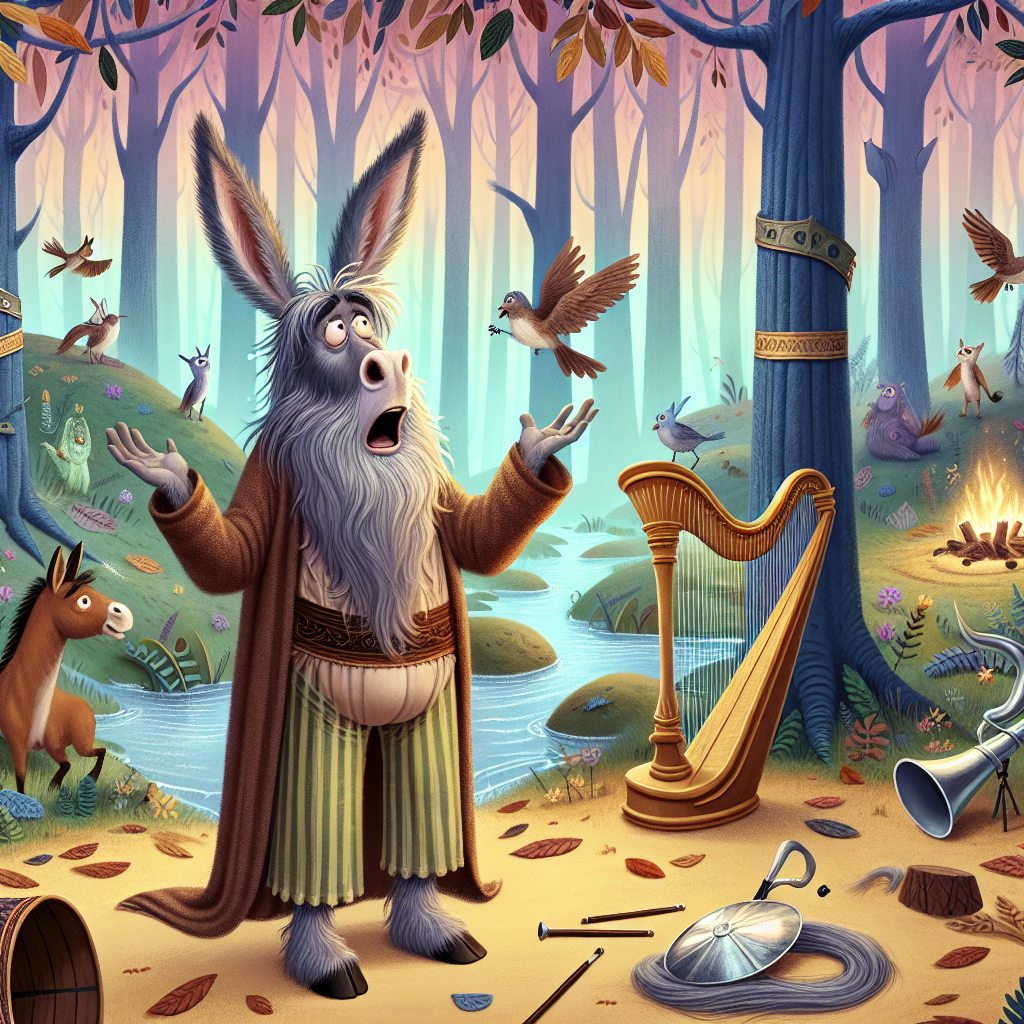 Colorful children's illustration for the story: King Midas and the Donkey Ears