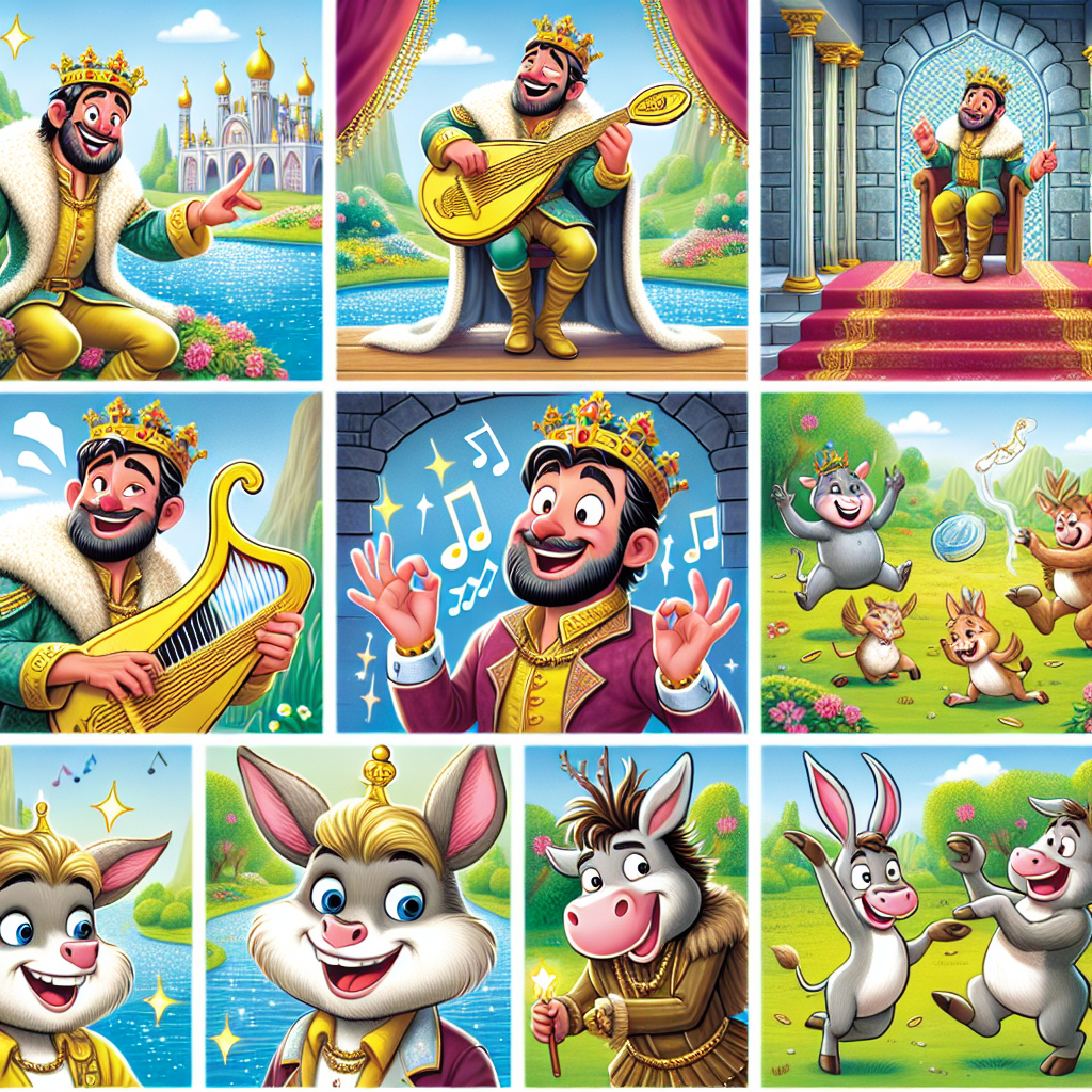 Colorful cartoon storyboard showing 8 key scenes from King Midas and the Donkey Ears
