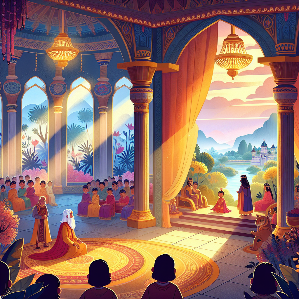 Colorful children's illustration for the story: The King With One Grey Hair