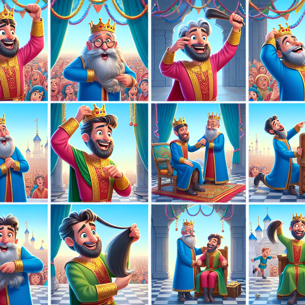 Colorful cartoon storyboard showing 8 key scenes from The King With One Grey Hair