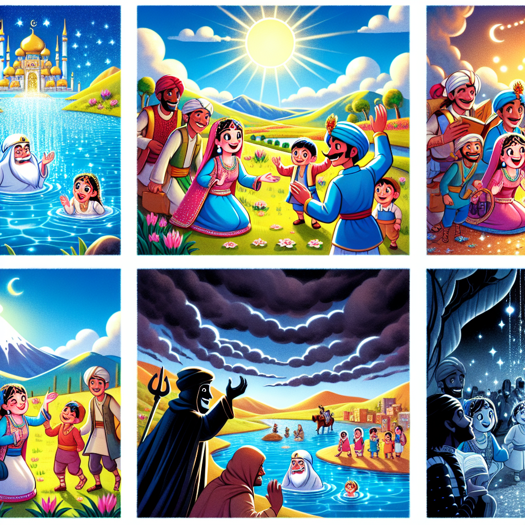 Colorful cartoon storyboard showing 8 key scenes from The Blue Lake Kingdom