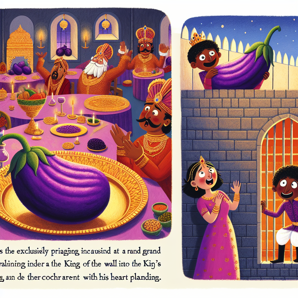 Colorful children's illustration for the story: The King's Brinjals