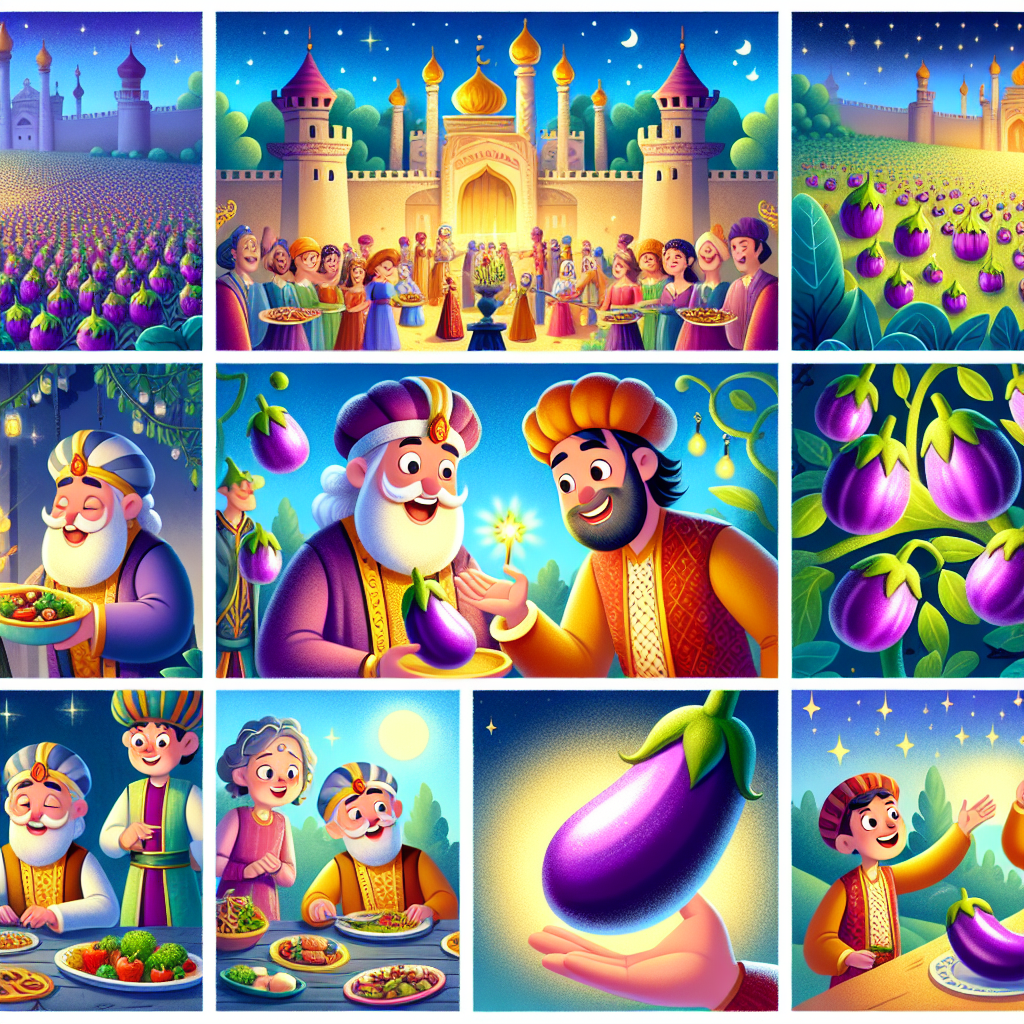 Colorful cartoon storyboard showing 8 key scenes from The King's Brinjals