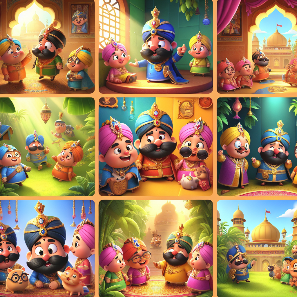 Colorful cartoon storyboard showing 8 key scenes from The King's Fifty Lashes