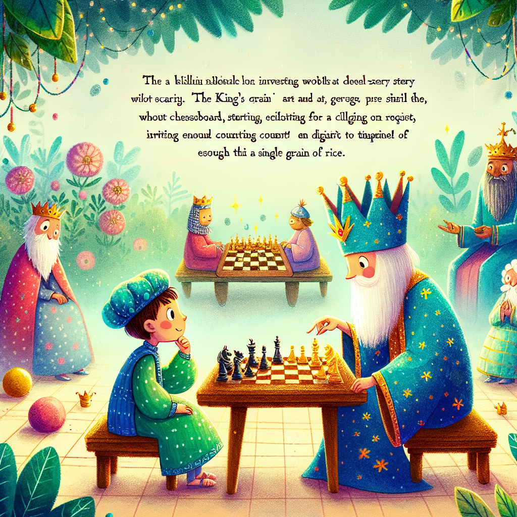 Colorful children's illustration for the story: The King's Grain and the Chessboard