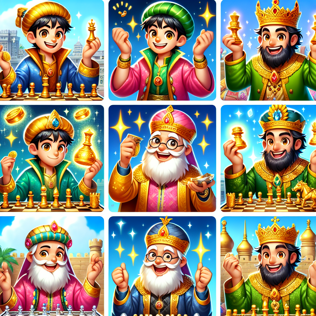 Colorful cartoon storyboard showing 8 key scenes from The King's Grain and the Chessboard