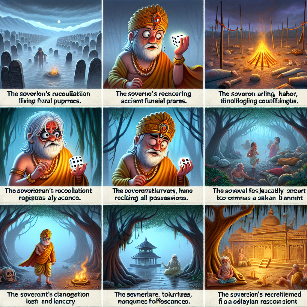 Colorful cartoon storyboard showing 8 key scenes from The King's Penance