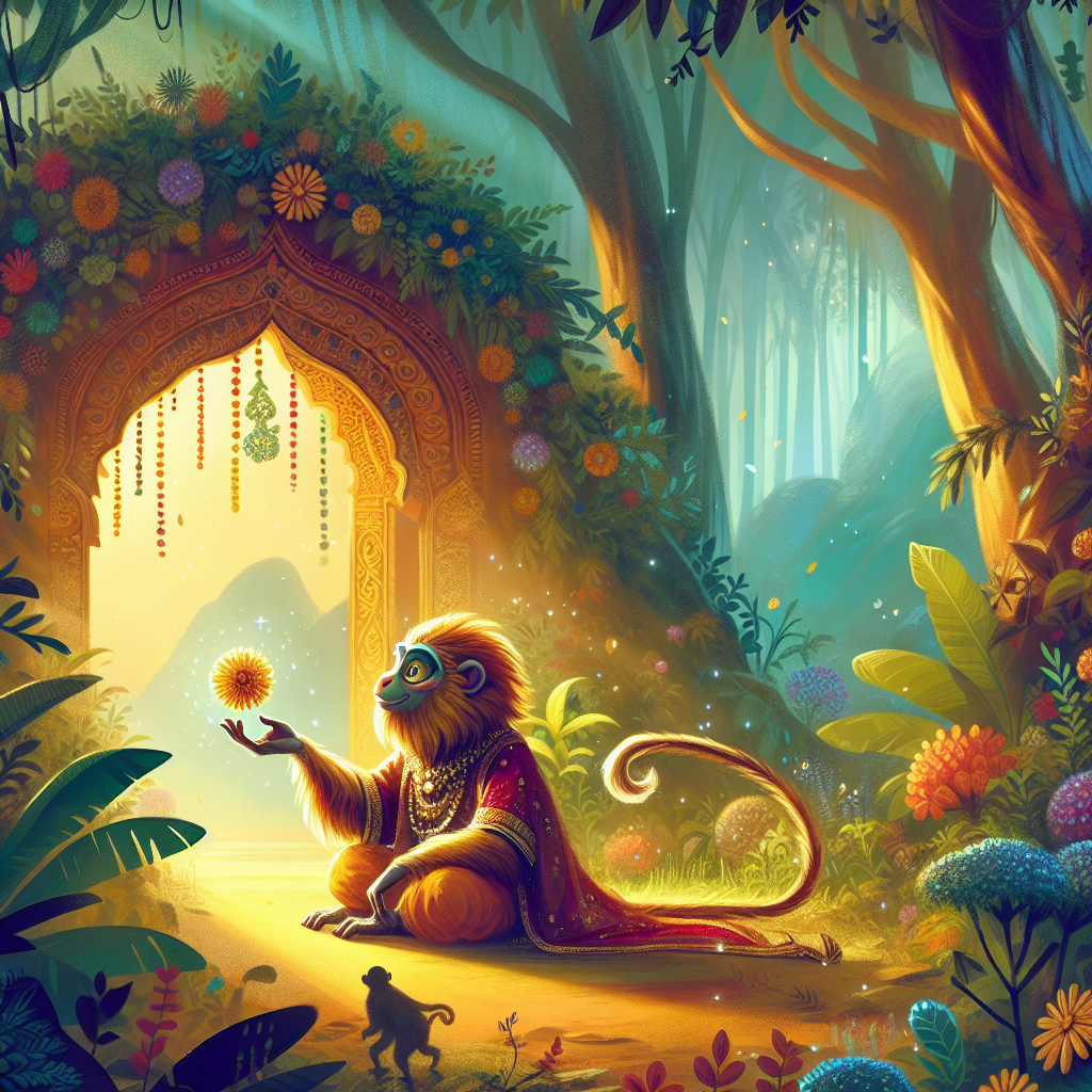 Colorful children's illustration for the story: The King's Monkey