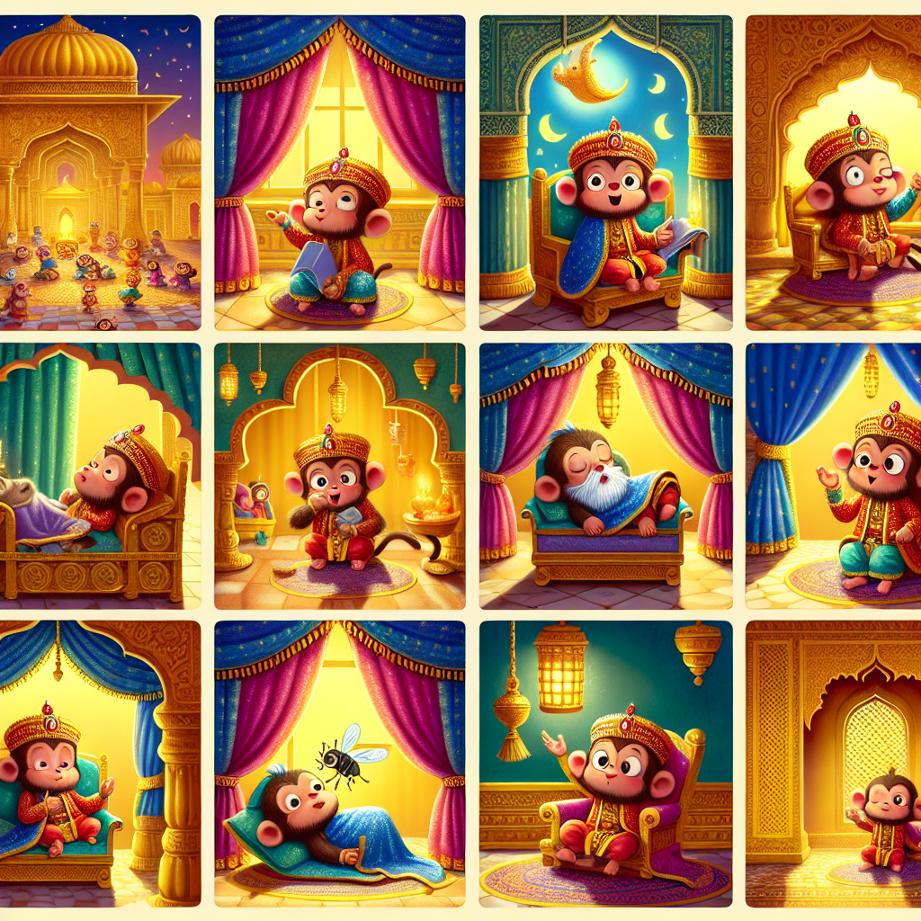 Colorful cartoon storyboard showing 8 key scenes from The King's Monkey