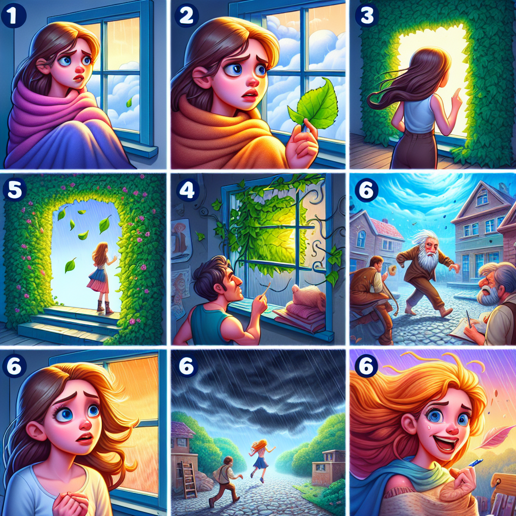 Colorful cartoon storyboard showing 8 key scenes from The Last Leaf