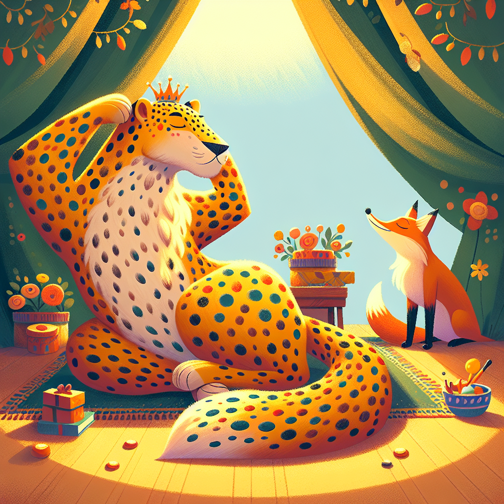 Colorful children's illustration for the story: The Fox and the Leopard