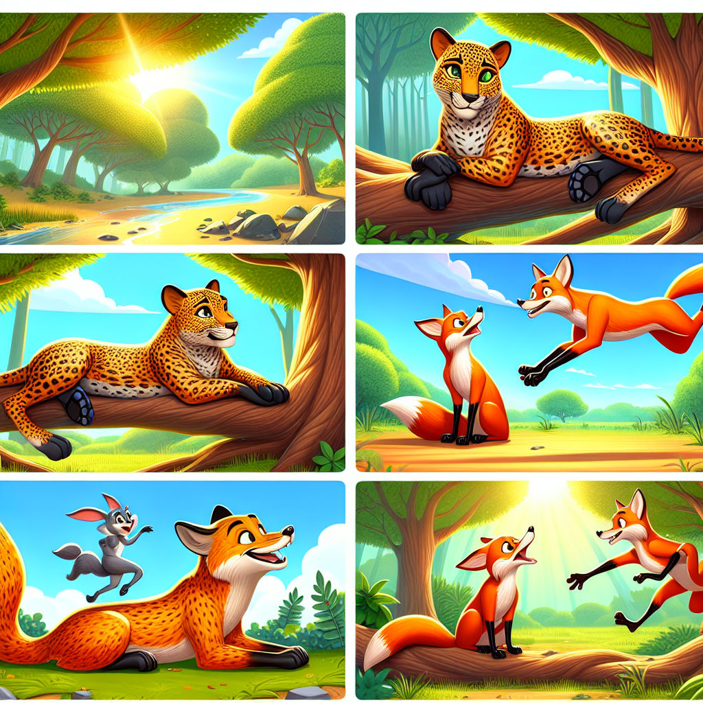 Colorful cartoon storyboard showing 8 key scenes from The Fox and the Leopard