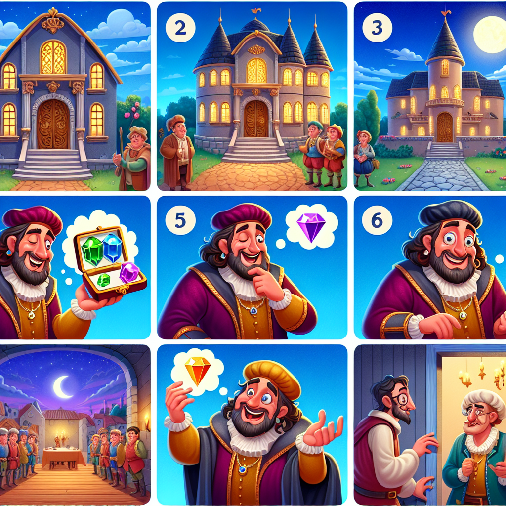 Colorful cartoon storyboard showing 8 key scenes from The Merchant and the Poet