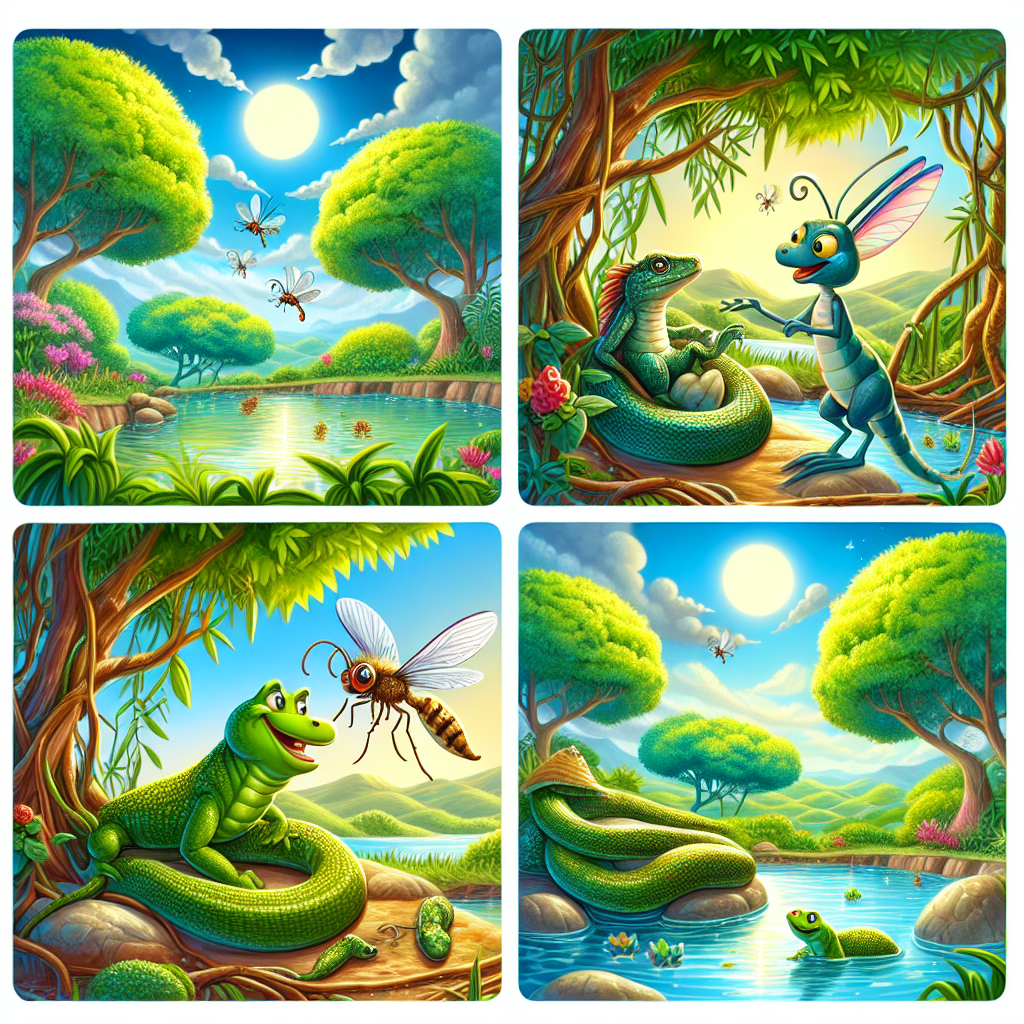 Colorful cartoon storyboard showing 8 key scenes from The Mosquito's Tall Tale