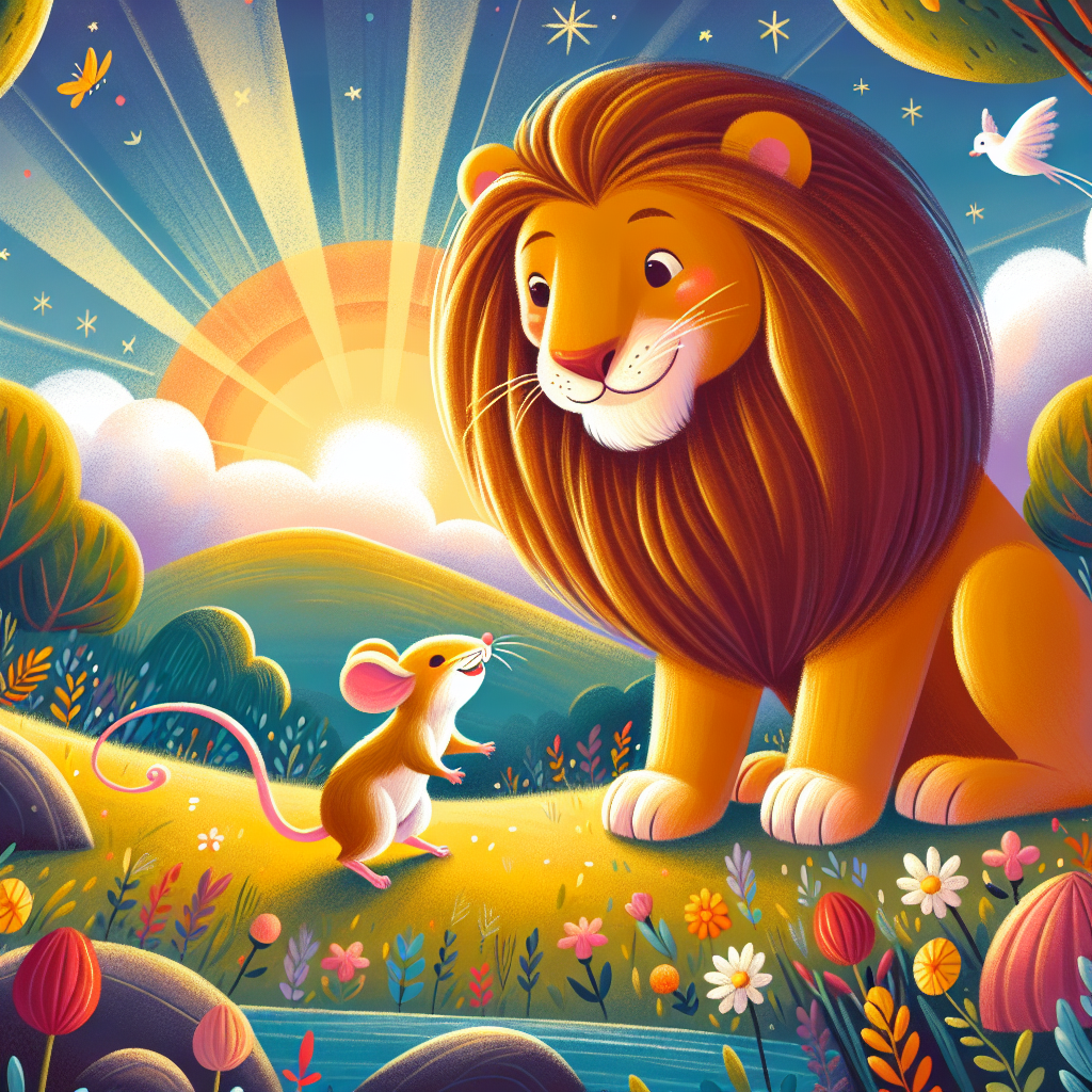 Colorful children's illustration for the story: The Lion and the Mouse