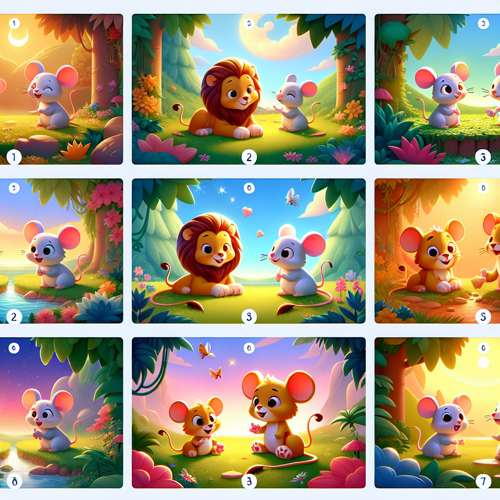 Colorful cartoon storyboard showing 8 key scenes from The Lion and the Mouse