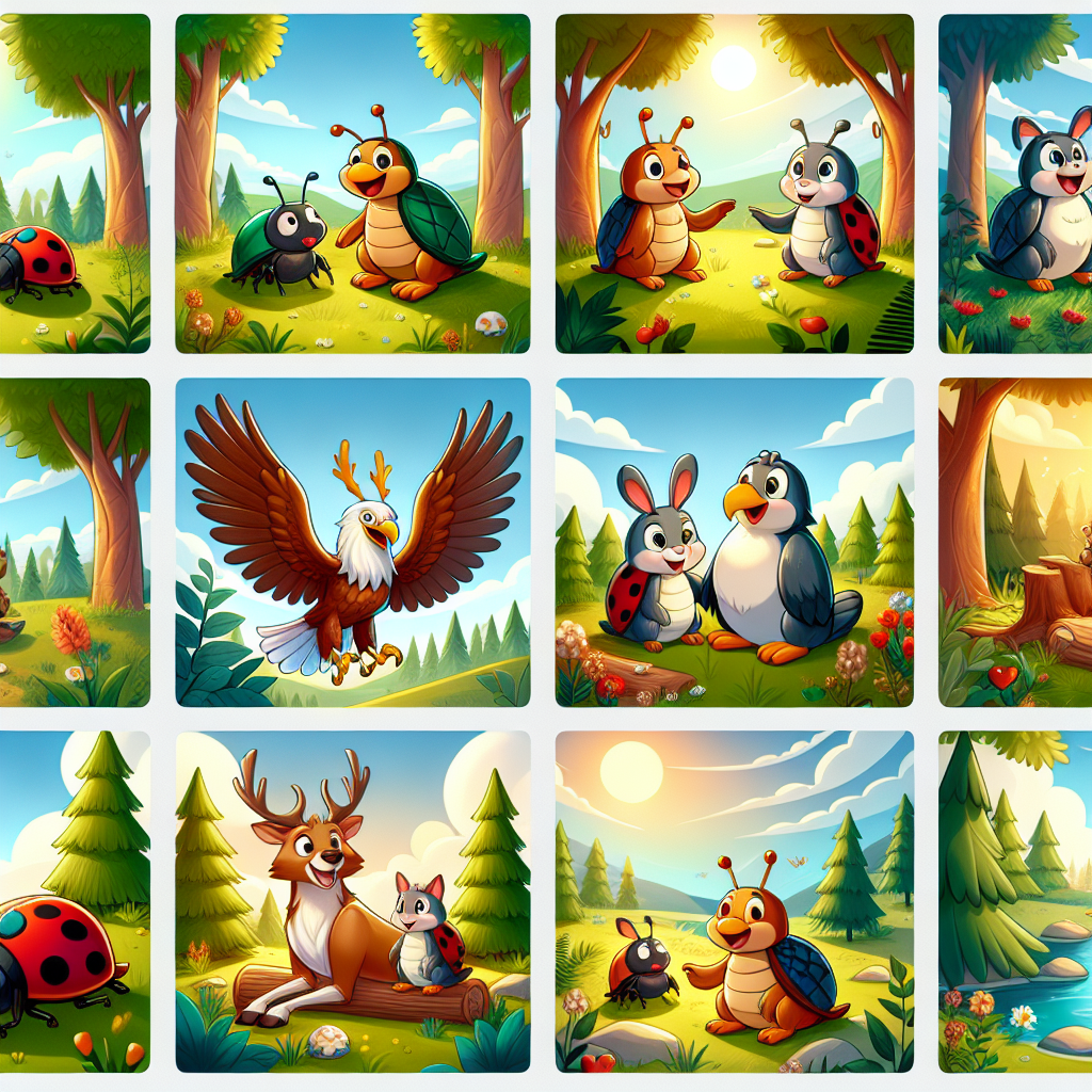 Colorful cartoon storyboard showing 8 key scenes from The Beetle and the Eagle