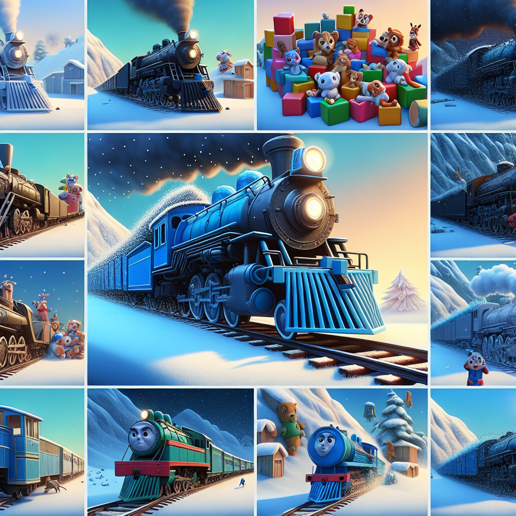 Colorful cartoon storyboard showing 8 key scenes from The Little Engine That Could