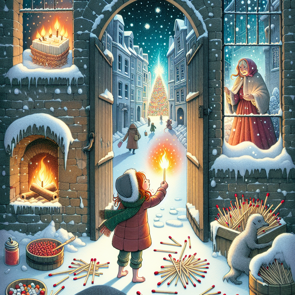 Colorful children's illustration for the story: The Little Match Girl