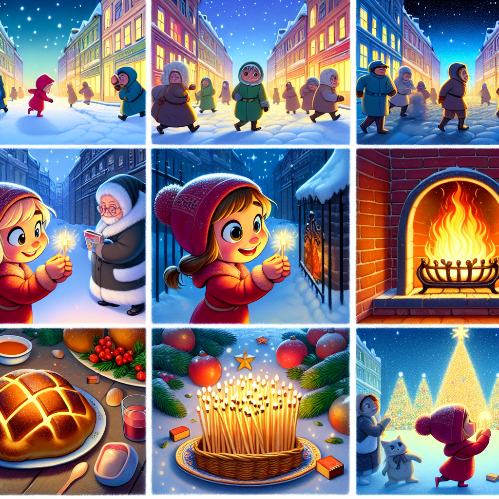 Colorful cartoon storyboard showing 8 key scenes from The Little Match Girl