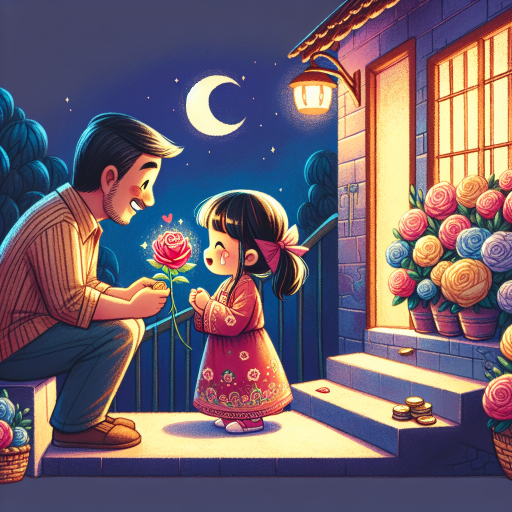 Colorful children's illustration for the story: The Little Girl and the Rose