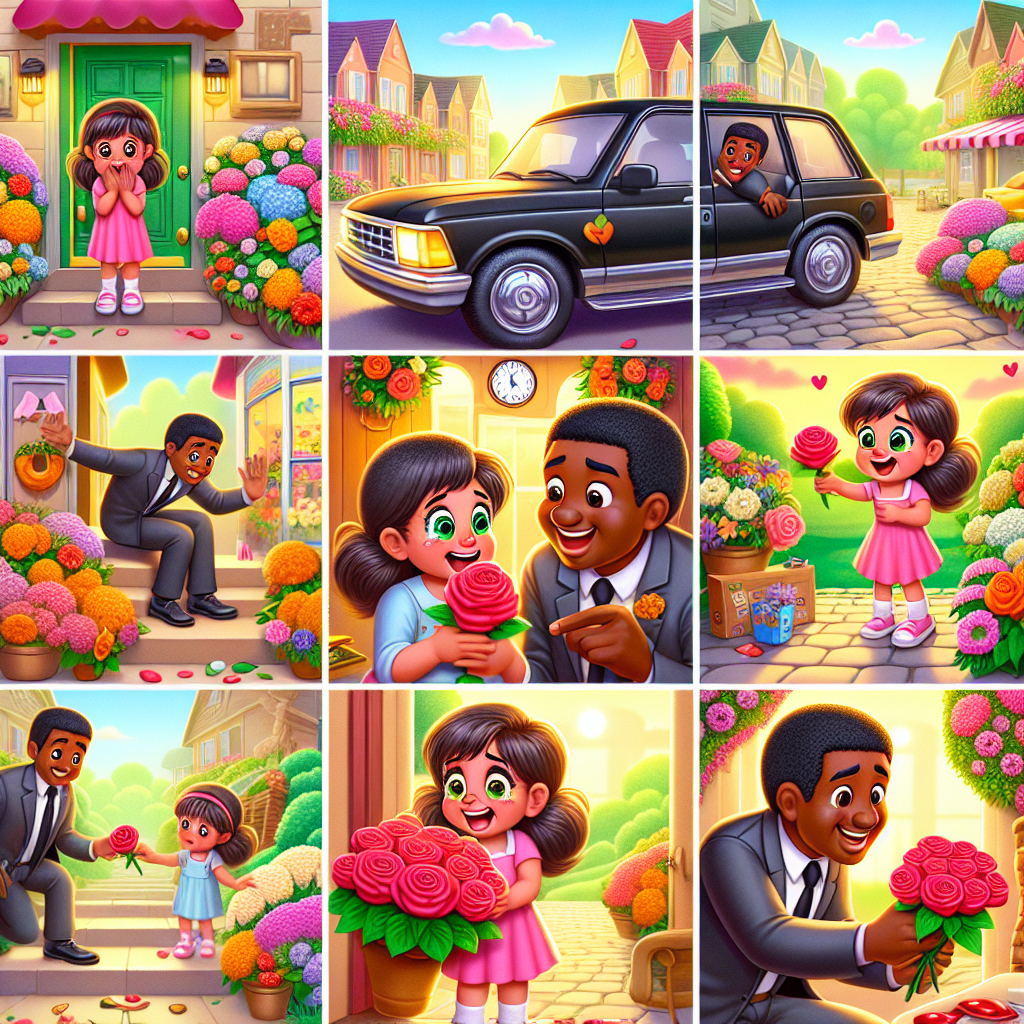 Colorful cartoon storyboard showing 8 key scenes from The Little Girl and the Rose