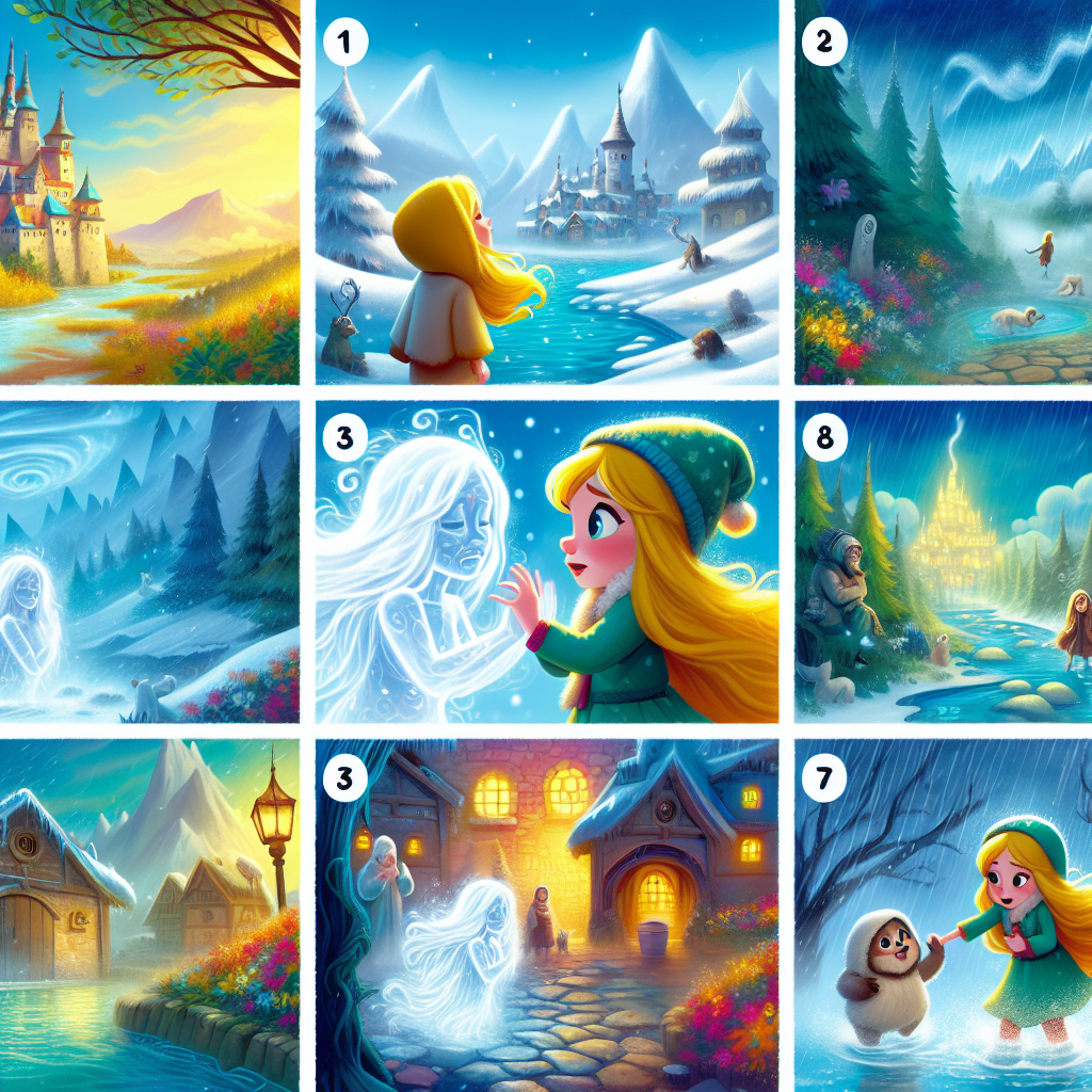 Colorful cartoon storyboard showing 8 key scenes from The Invisible Girl