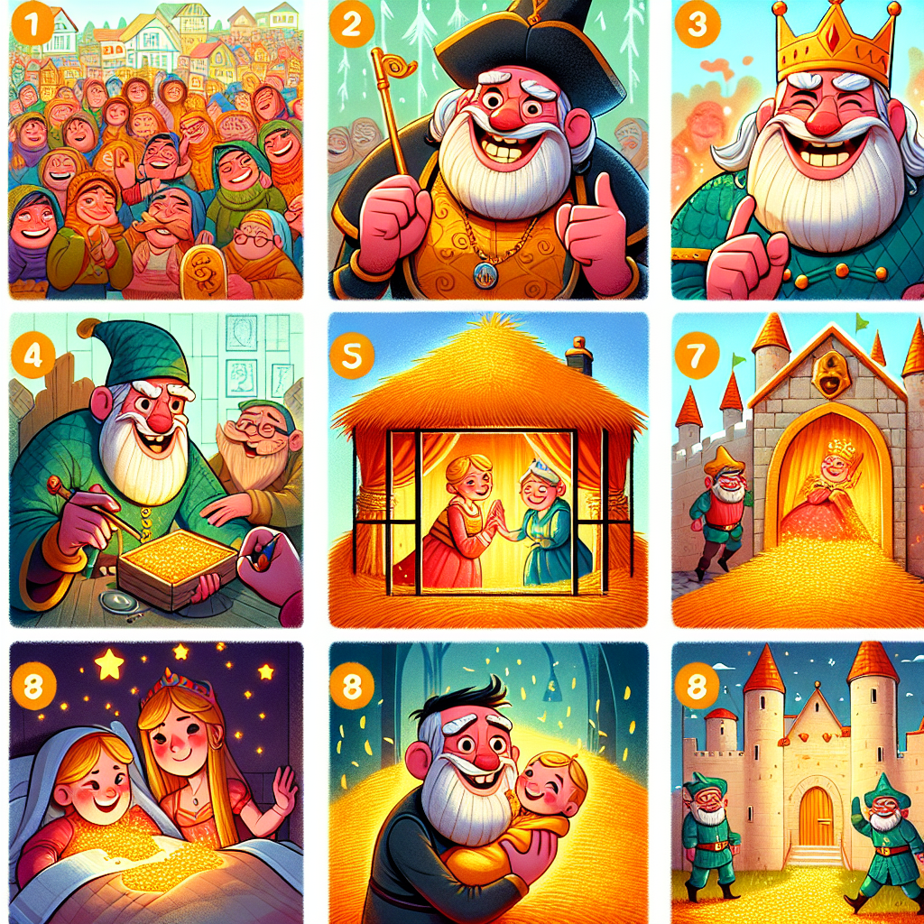 Colorful cartoon storyboard showing 8 key scenes from Rumpelstiltskin