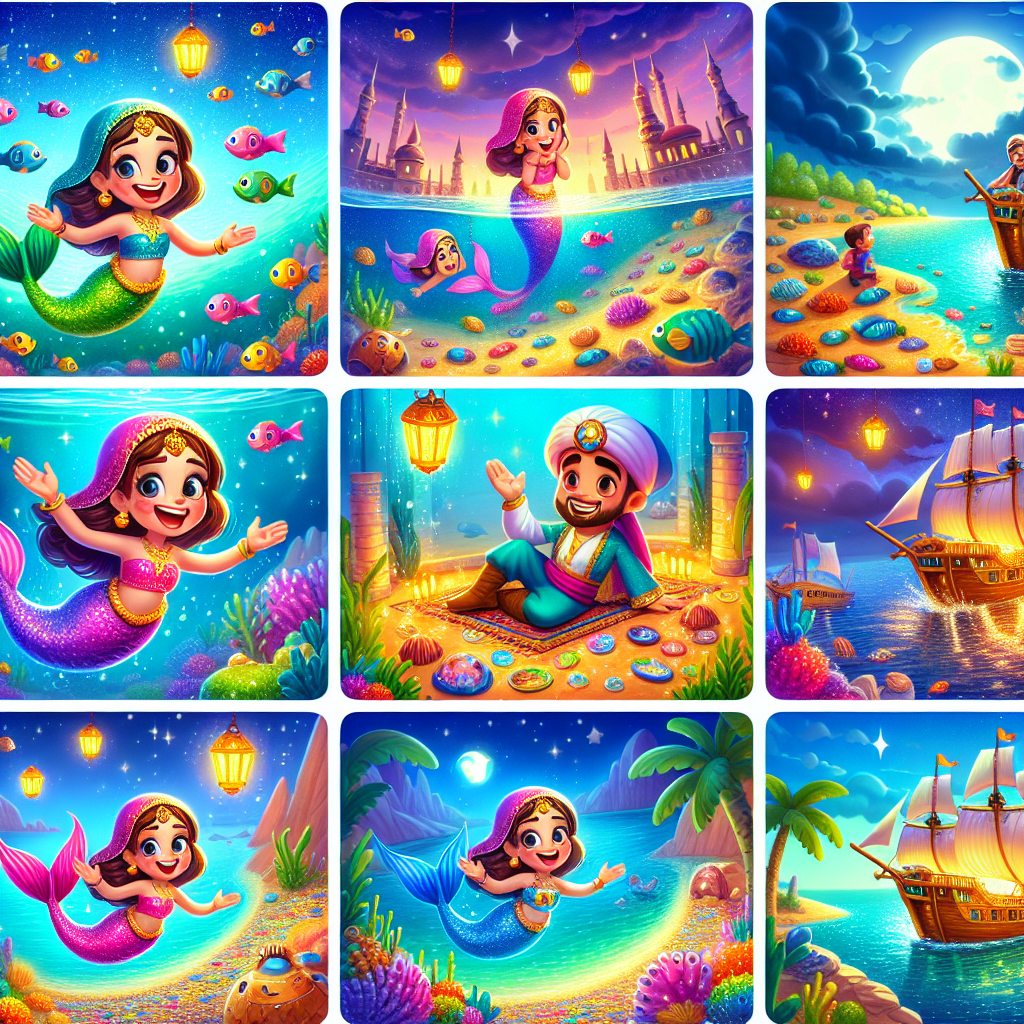 Colorful cartoon storyboard showing 8 key scenes from The Little Mermaid
