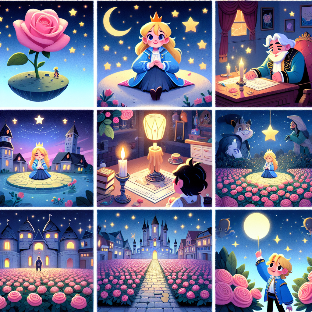 Colorful cartoon storyboard showing 8 key scenes from The Little Prince and the Invisible Things