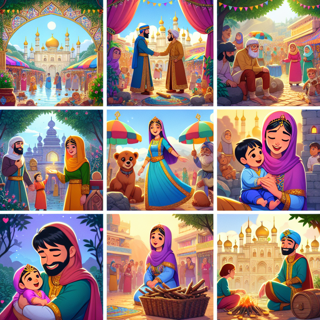 Colorful cartoon storyboard showing 8 key scenes from The King Who Gave His Signet Ring