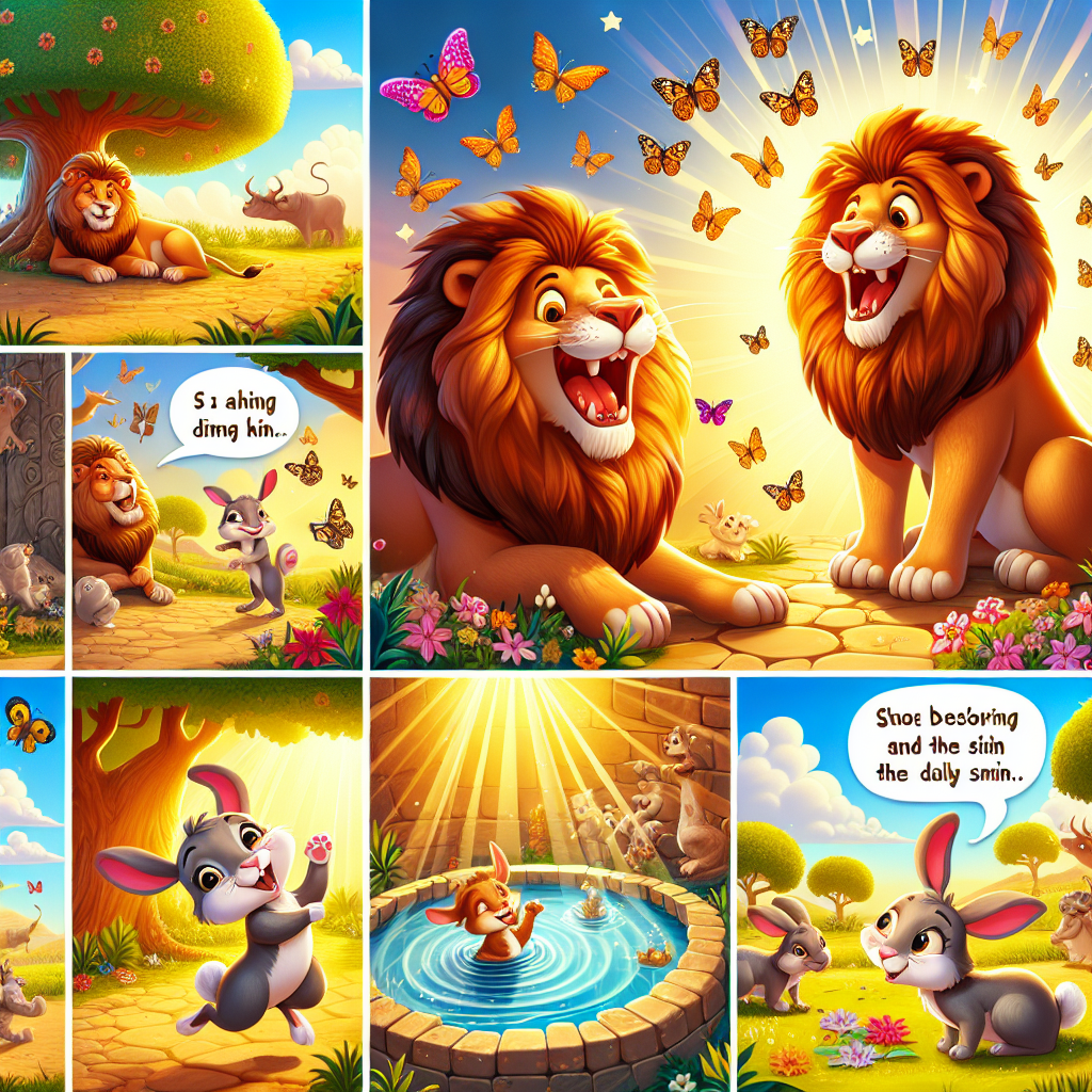 Colorful cartoon storyboard showing 8 key scenes from The Clever Little Rabbit