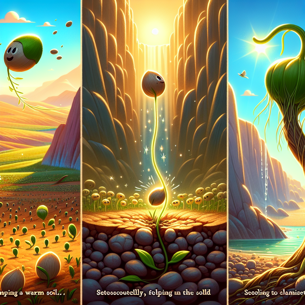 Colorful cartoon storyboard showing 8 key scenes from The Brave Little Seed