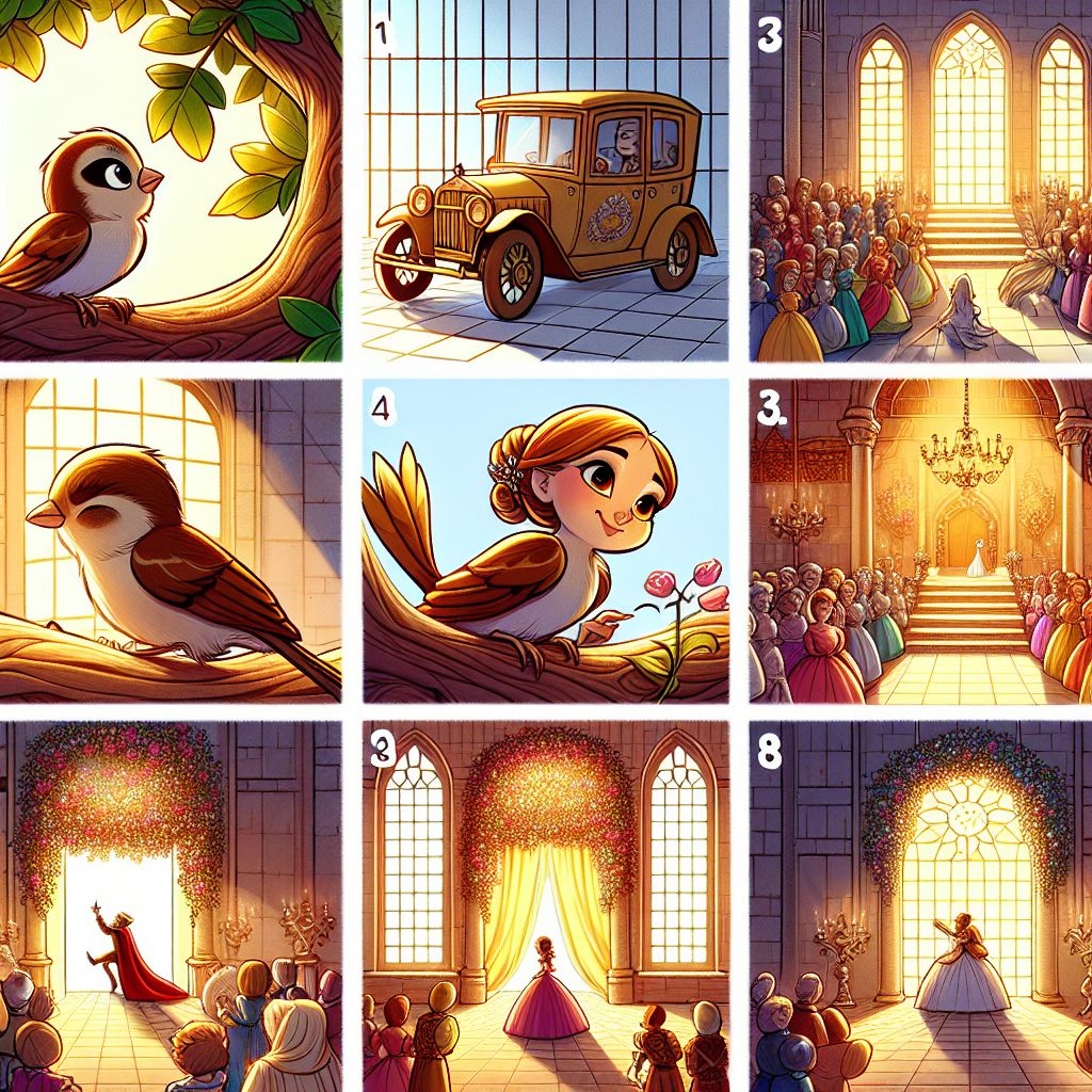 Colorful cartoon storyboard showing 8 key scenes from Pip the Little Sparrow