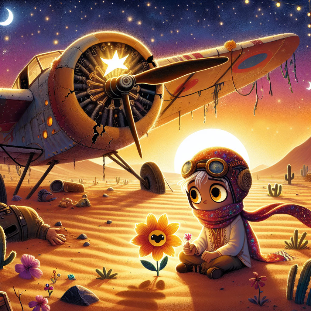 Colorful children's illustration for the story: The Little Prince and His Flower