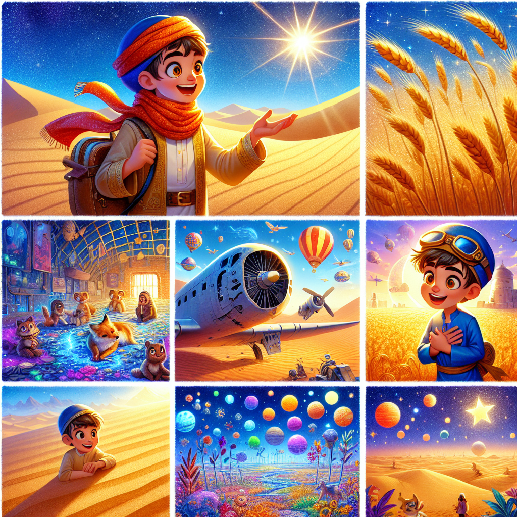 Colorful cartoon storyboard showing 8 key scenes from The Little Prince and His Flower